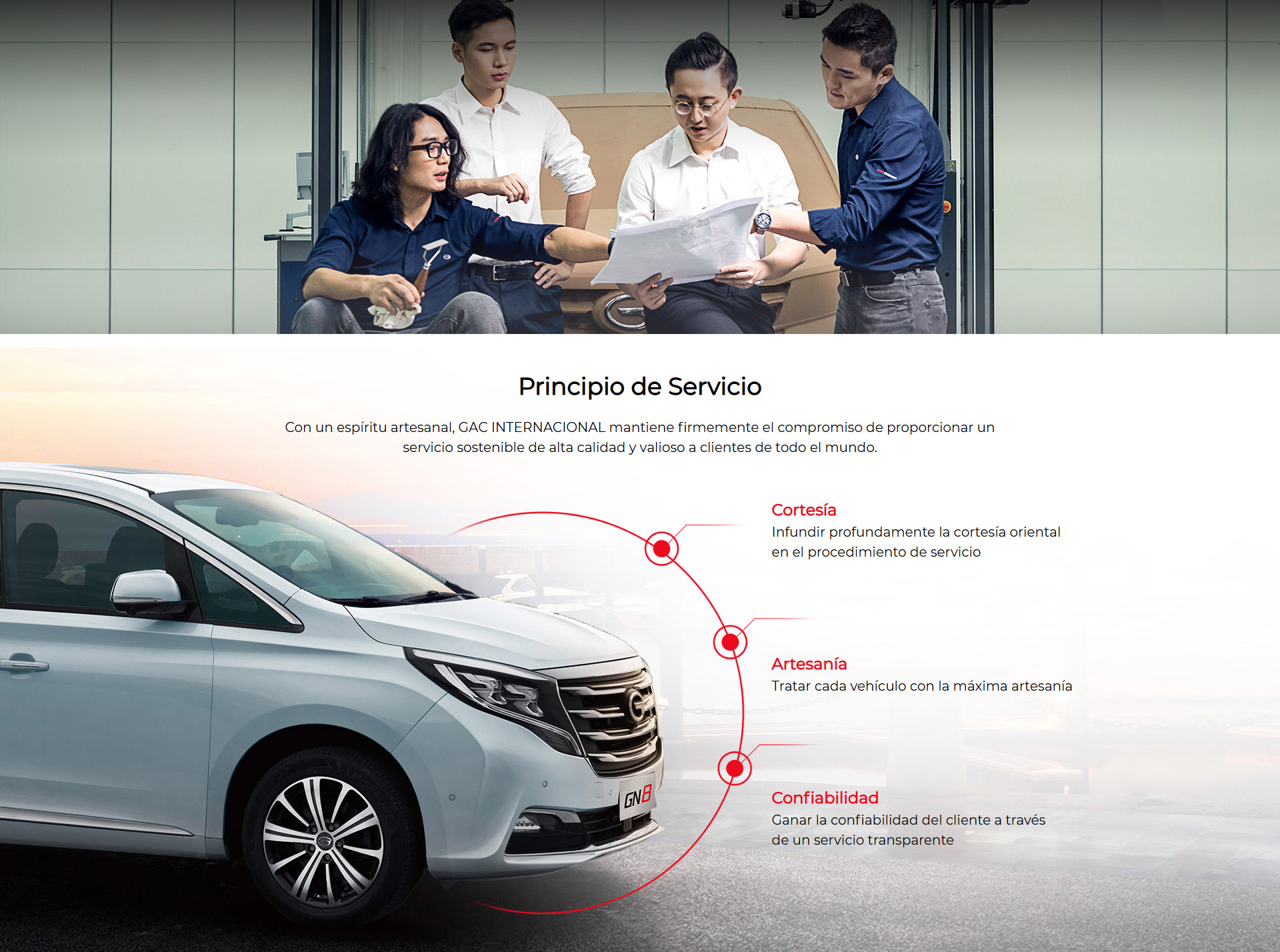 Principio de Servicio Con un espíritu artesanal, GAC INTERNACIONAL mantiene firmemente el compromiso de proporcionar un servicio sostenible de alta calidad y valioso a clientes de todo el mundo. Cortesía:  Infundir profundamente la cortesía oriental en el procedimiento de servicio  Artesanía:  Tratar cada vehículo con la máxima artesanía  Confiabilidad:  Ganar la confiabilidad del cliente a través de un servicio transparente