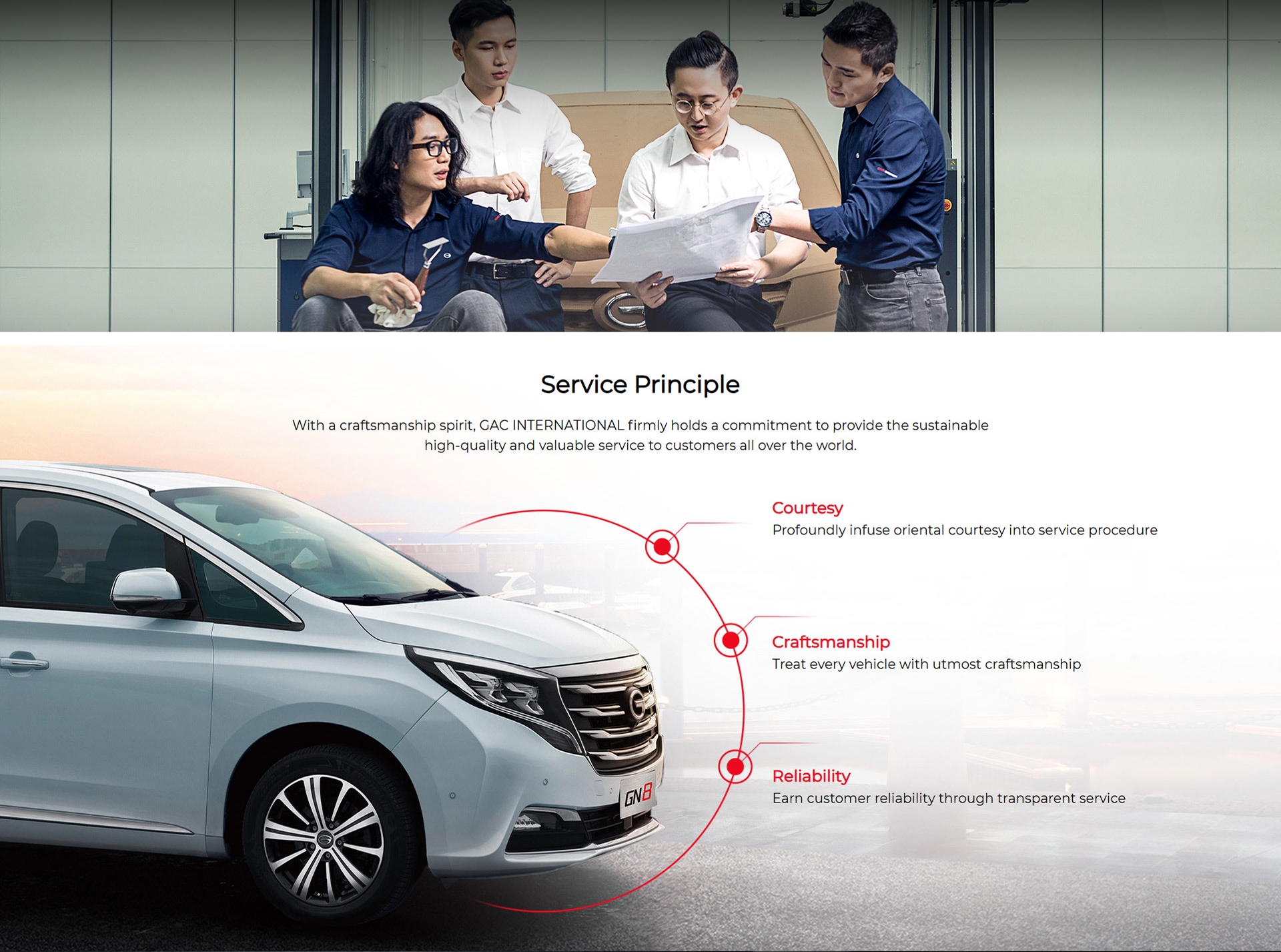 Service Principle  With a craftsmanship spirit, GAC INTERNATIONAL firmly holds a commitment to provide the sustainable high-quality and valuable service to customers all over the world. Courtesy:  Profoundly infuse oriental courtesy into service procedure  Craftsmanship:  Treat every vehicle with utmost craftsmanship  Reliability:  Earn customer reliability through transparent service